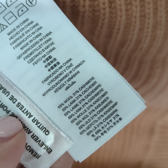 Michael Kors Merino Wool Cashmere Blend Oversized V-Neck Ribbed Camel Sweater L - Picture 4 of 6